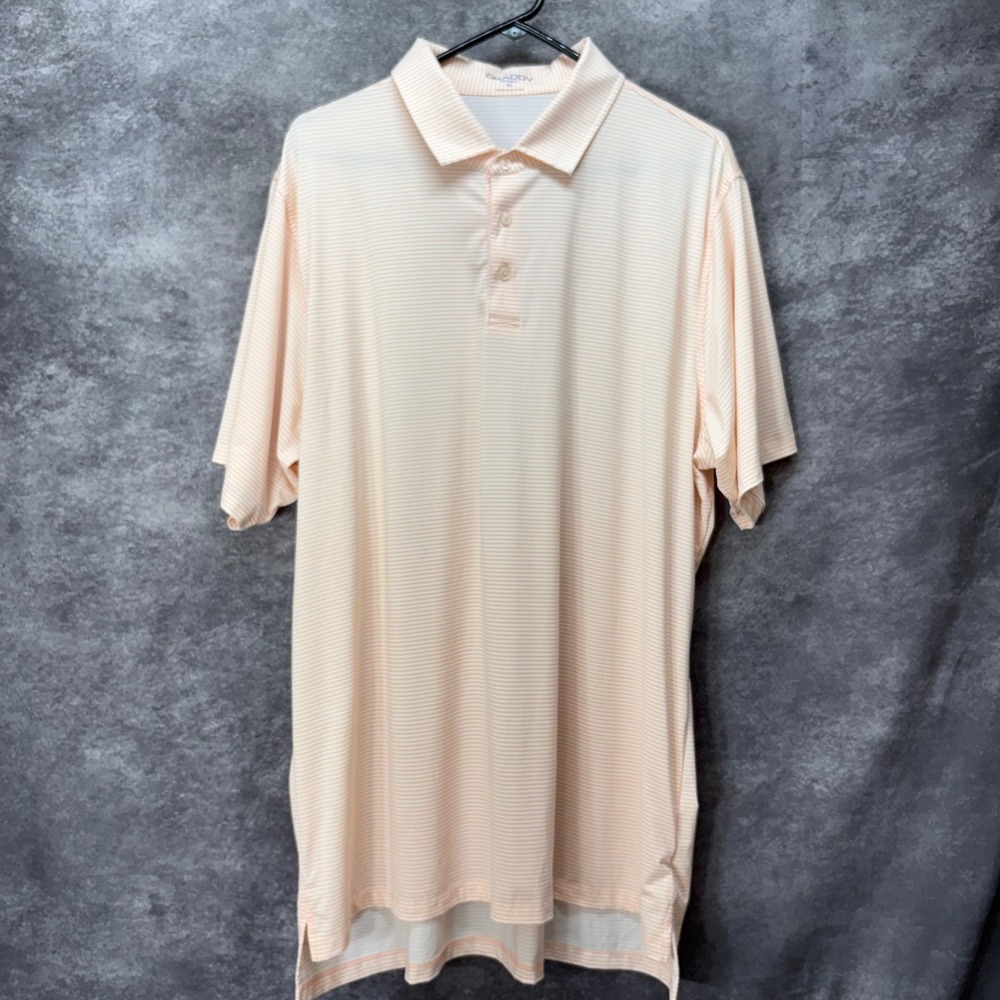 B Draddy Sport Performance Golf Polo Shirt Mens XL Peach Orange White Stroped